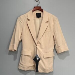 Mina Self Womens Cream Linen Blend 3/4 Sleeve Single Button Blazer Small